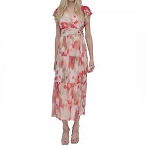 DKNY Women's Printed Flutter-Sleeve Tie-Waist Maxi Dress Sz 14 NWT